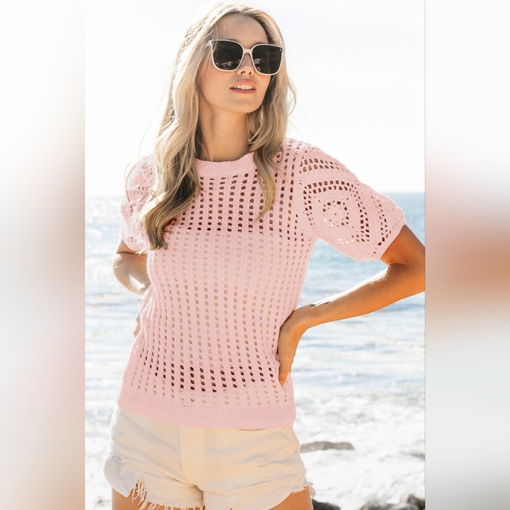 BiBi Crochet Knit Cover Up With Puff Sleeves
